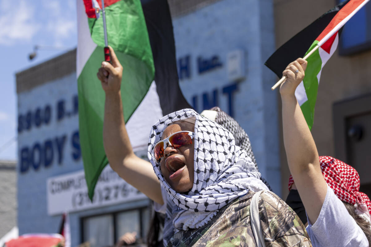 FILE - A pro-Palestinian protester shouts slogans near Adas Torah synagogue, June 23, 2024 in L ...