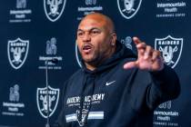 Raiders head coach Antonio Pierce responds to a media question during a press conference from t ...