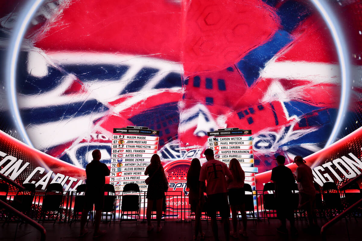 Fans watch as the Washington Capitals make a selection during the NHL hockey draft at Sphere on ...