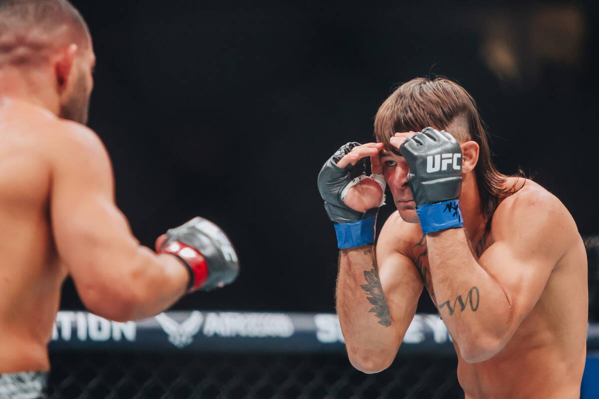 Diego Lopes positions himself during a catchweight bout at UFC 303 at T-Mobile Arena on Saturda ...