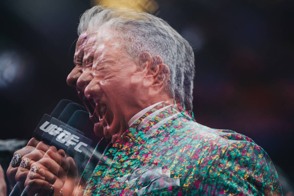 UFC announcer Bruce Buffer introduces a bout at UFC 303 at T-Mobile Arena on Saturday, June 29, ...