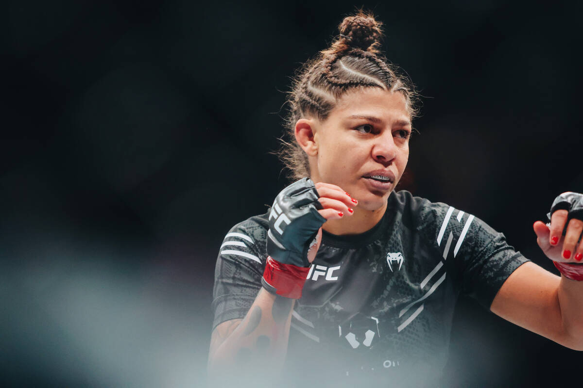 Mayra Bueno Silva fights during the bantamweight bout at UFC 303 at T-Mobile Arena on Saturday, ...