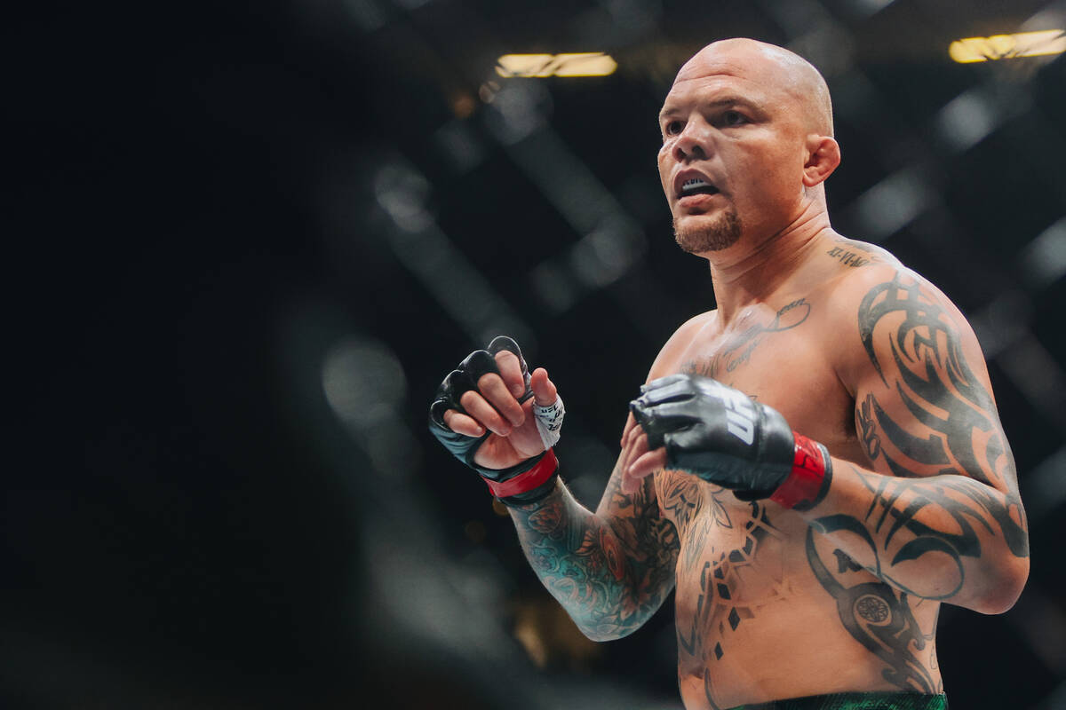 Anthony Smith fights during the light heavyweight bout at UFC 303 at T-Mobile Arena on Saturday ...