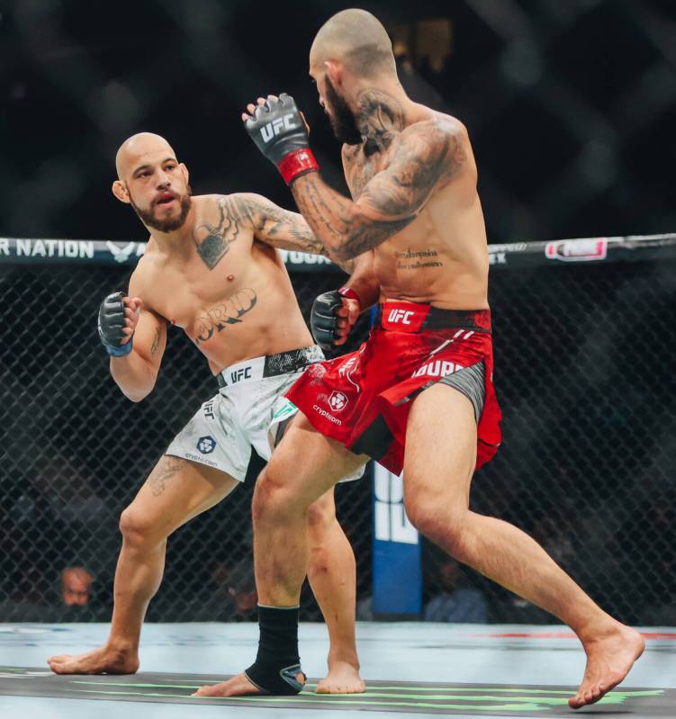 Jean Silva positions himself during a featherweight bout against Charles Jourdain at UFC 303 at ...