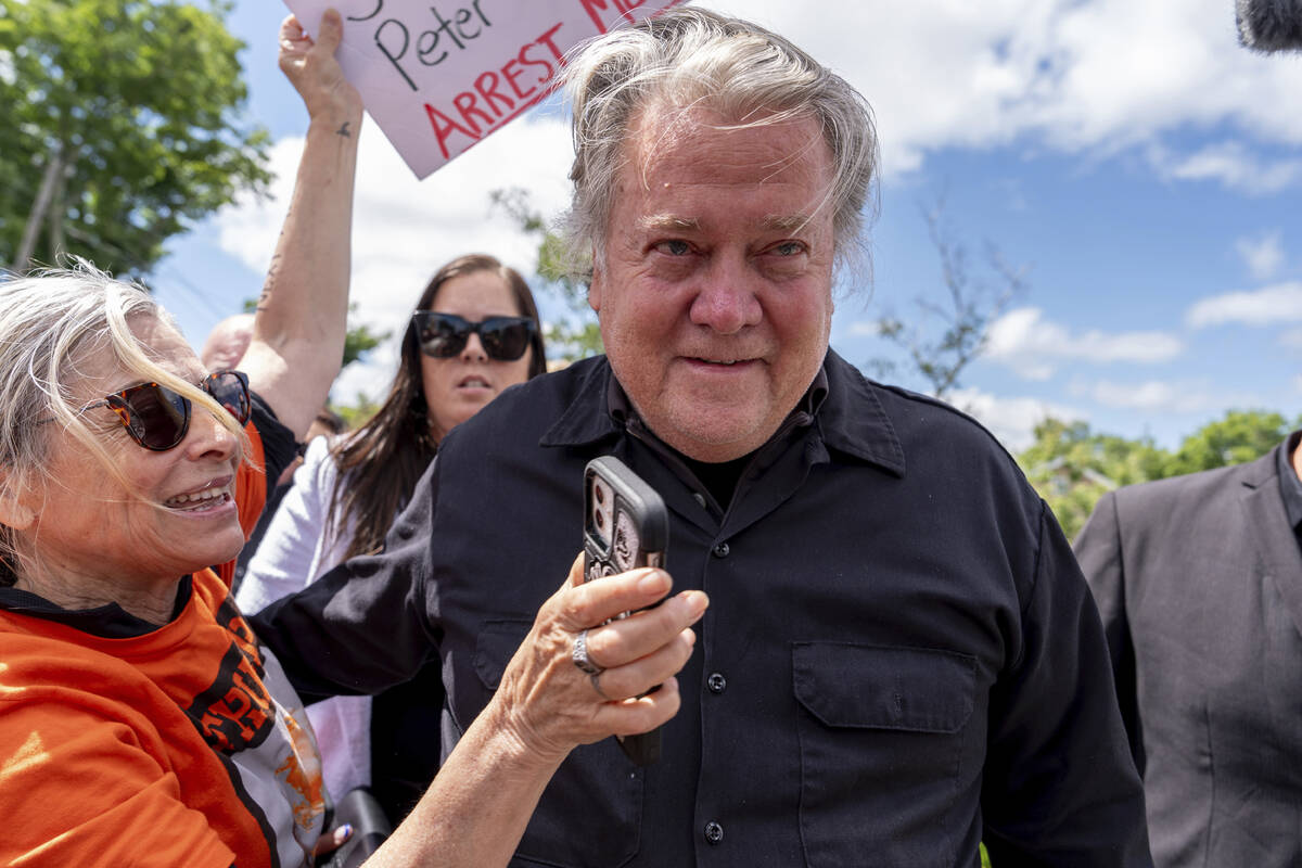 Steve Bannon arrives to speak outside Danbury Federal Correctional Institution, Monday, July 1, ...