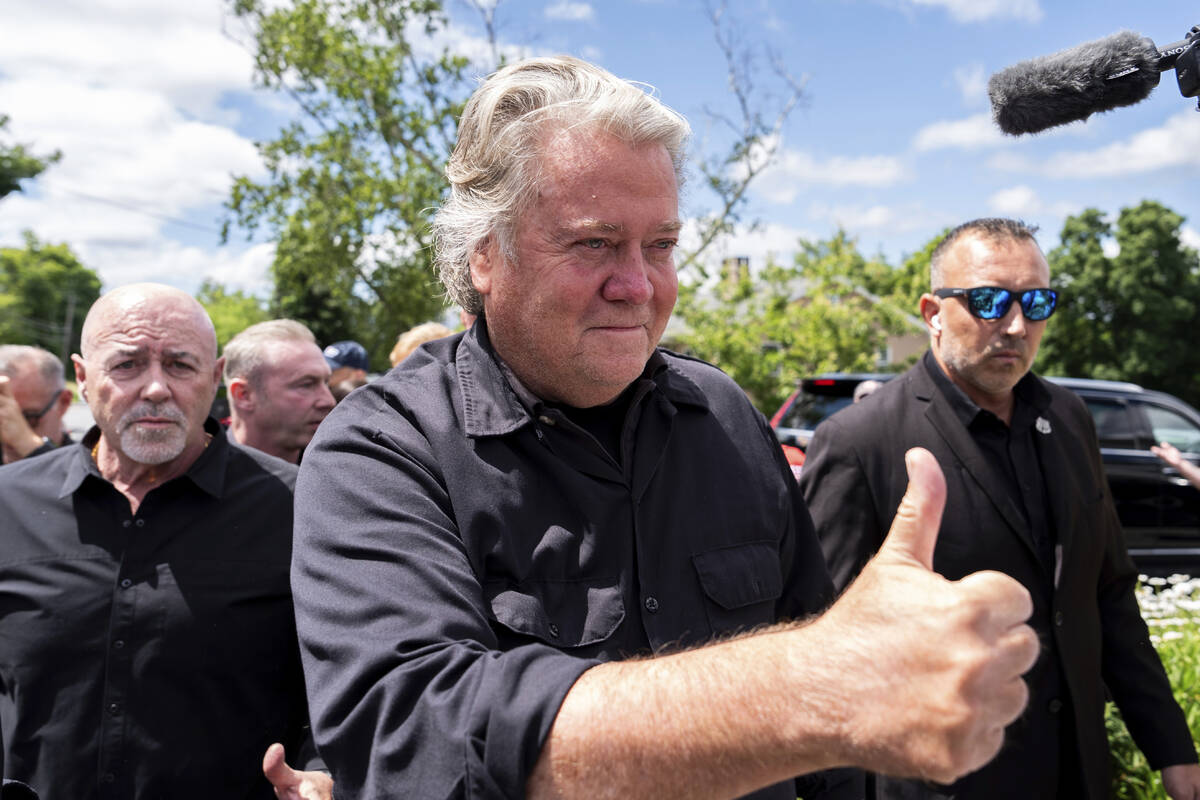 Steve Bannon arrives to speak outside Danbury Federal Correctional Institution, Monday, July 1, ...