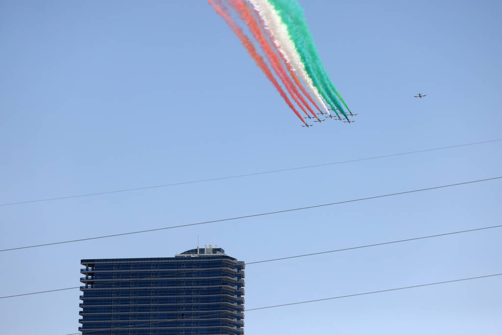 The Italian Air Force’s aerial demonstration team, Aeronautica Militare, flies over the ...