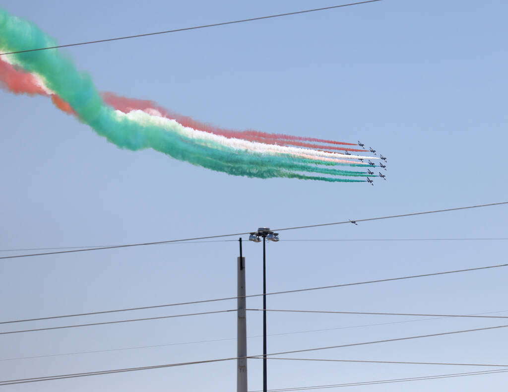 The Italian Air Force’s aerial demonstration team, Aeronautica Militare, flies over the ...