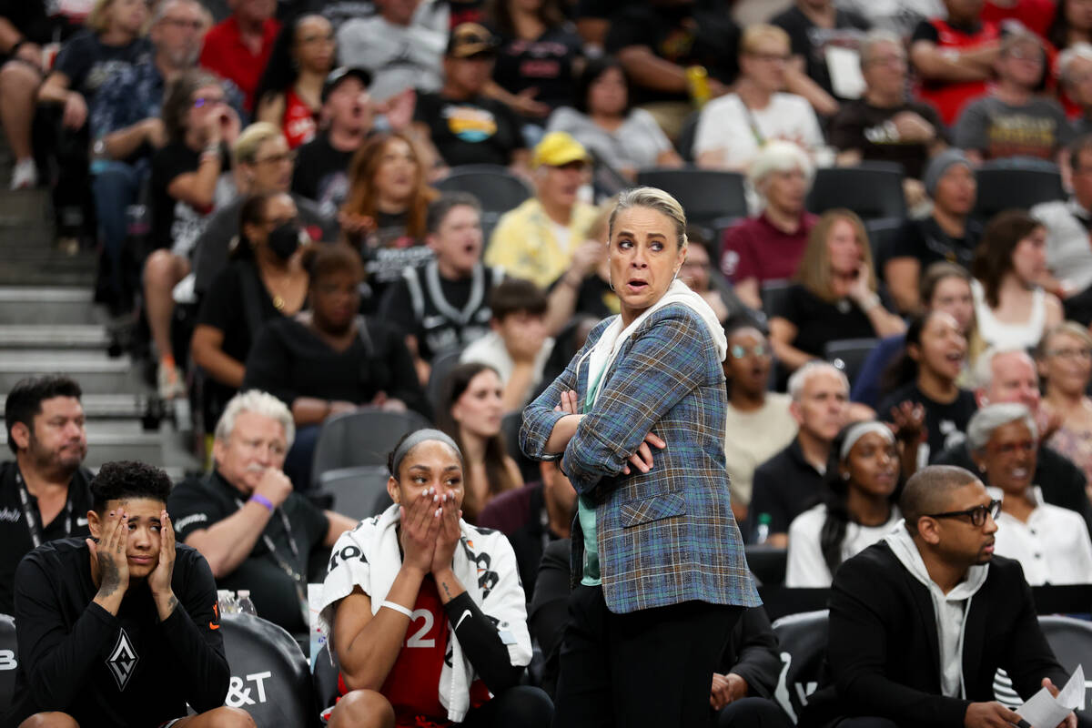 Las Vegas Aces head coach Becky Hammon reacts to a referee’s call during the second half ...