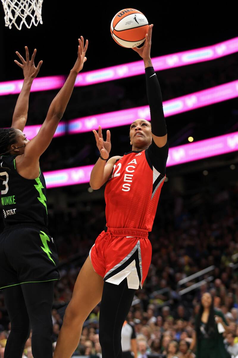 Aces forward A'ja Wilson puts up a shot against the Seattle Storm on Wednesday, July 10, 2024, ...
