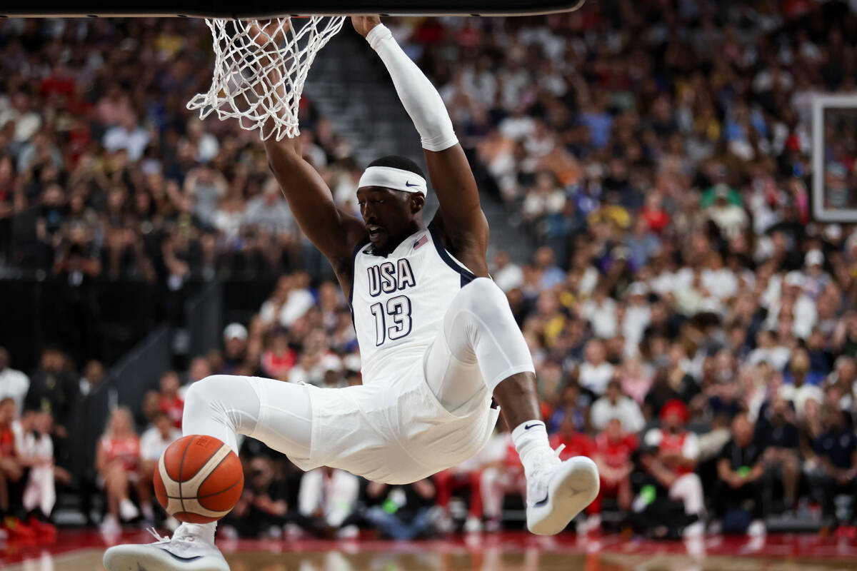 USA center Bam Adebayo (13) dunks during the first half of a showcase basketball game against C ...