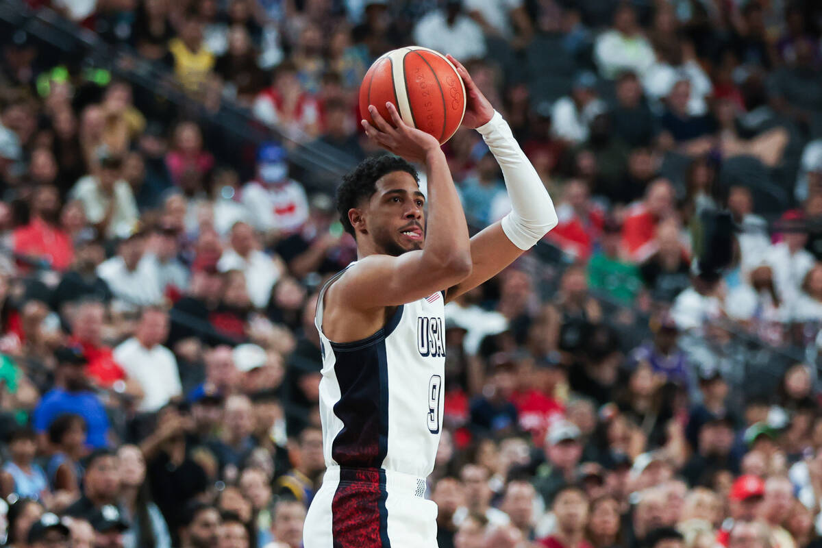 USA guard Tyrese Haliburton (9) shoots during the first half of a showcase basketball game agai ...