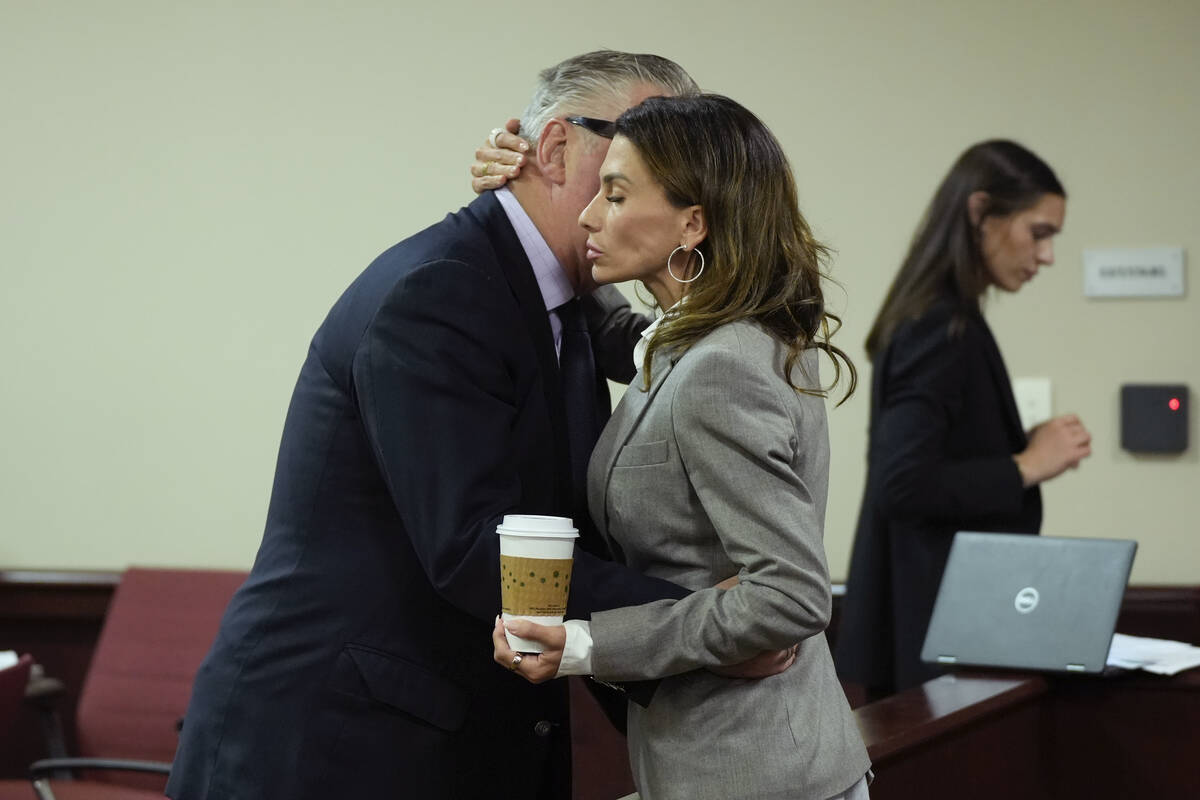 Hilaria Baldwin speaks to her husband, actor Alec Baldwin, during his trial for involuntary man ...
