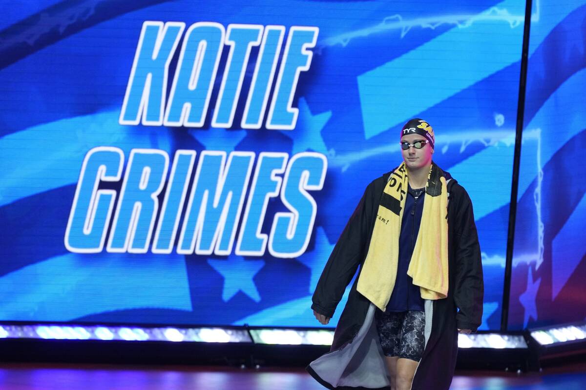 Katie Grimes is introduced before a Women's 200 backstroke semifinals heat Thursday, June 20, 2 ...