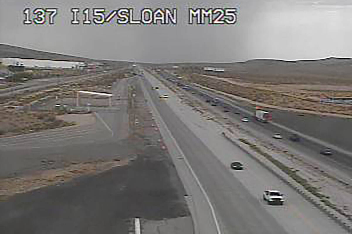 Storm clouds over Interstate 15 near Sloan, Nev., about noon, Sunday, July 14, 2024. (FastCam)