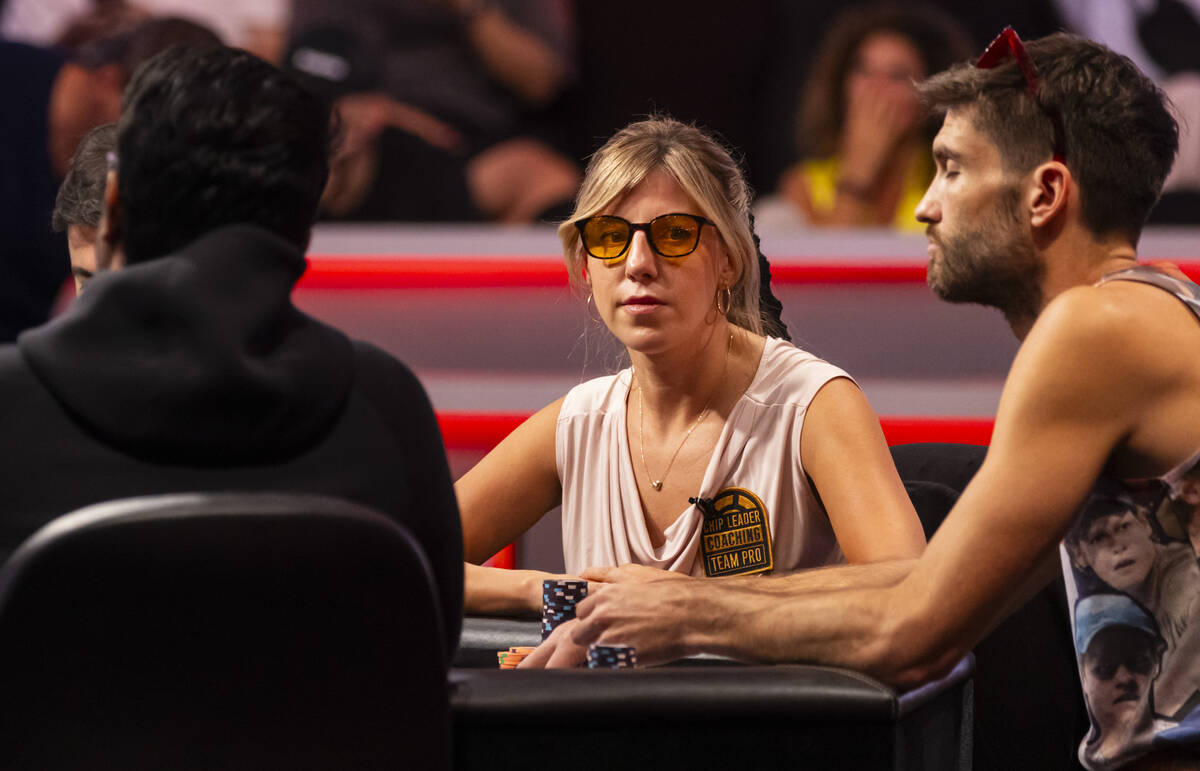 Kristen Foxen, of Canada, looks on as she plays in the final two tables of the World Series of ...