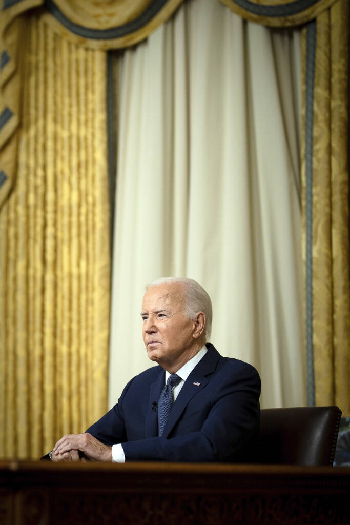President Joe Biden addresses the nation from the Oval Office of the White House in Washington, ...