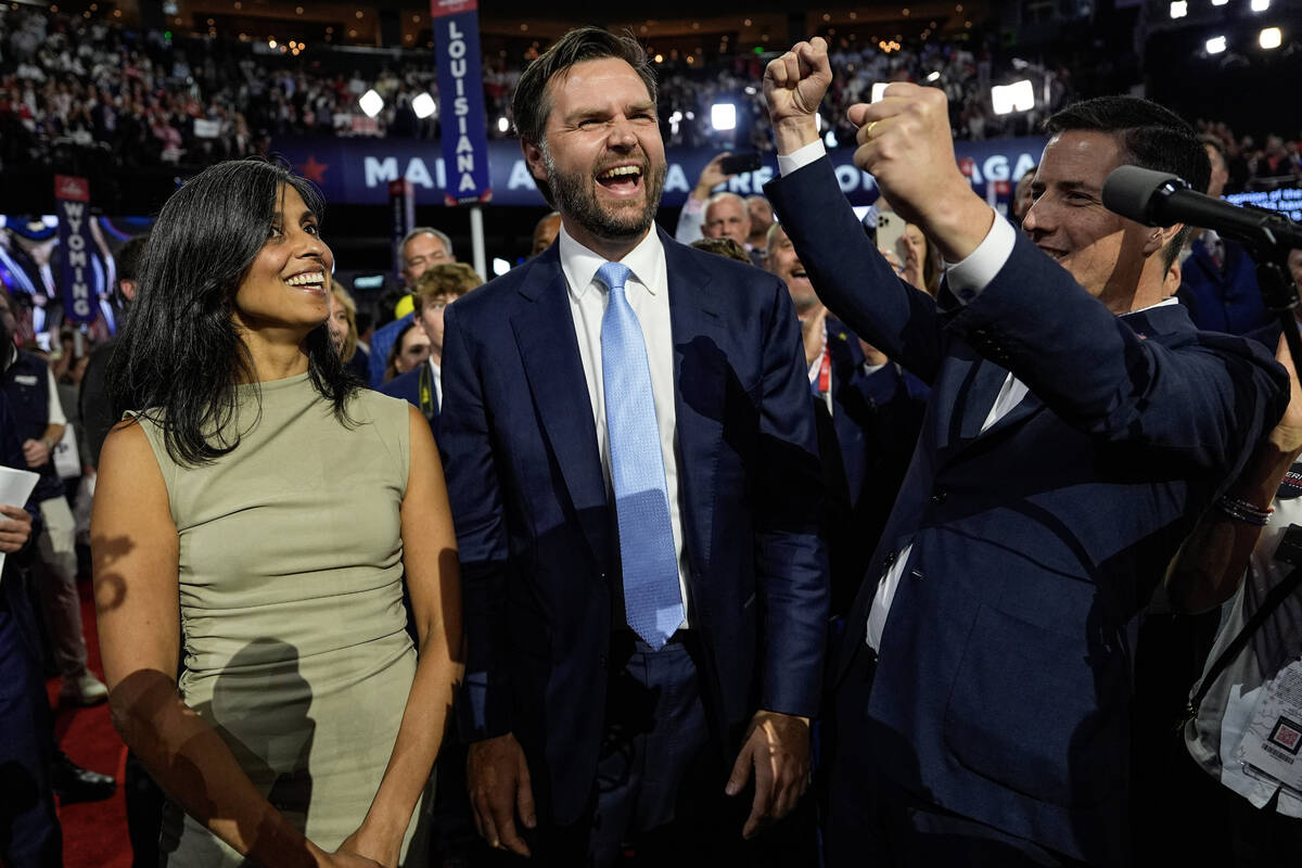 Republican vice presidential candidate Sen. JD Vance, R-Ohio, and his wife Usha Chilukuri Vance ...