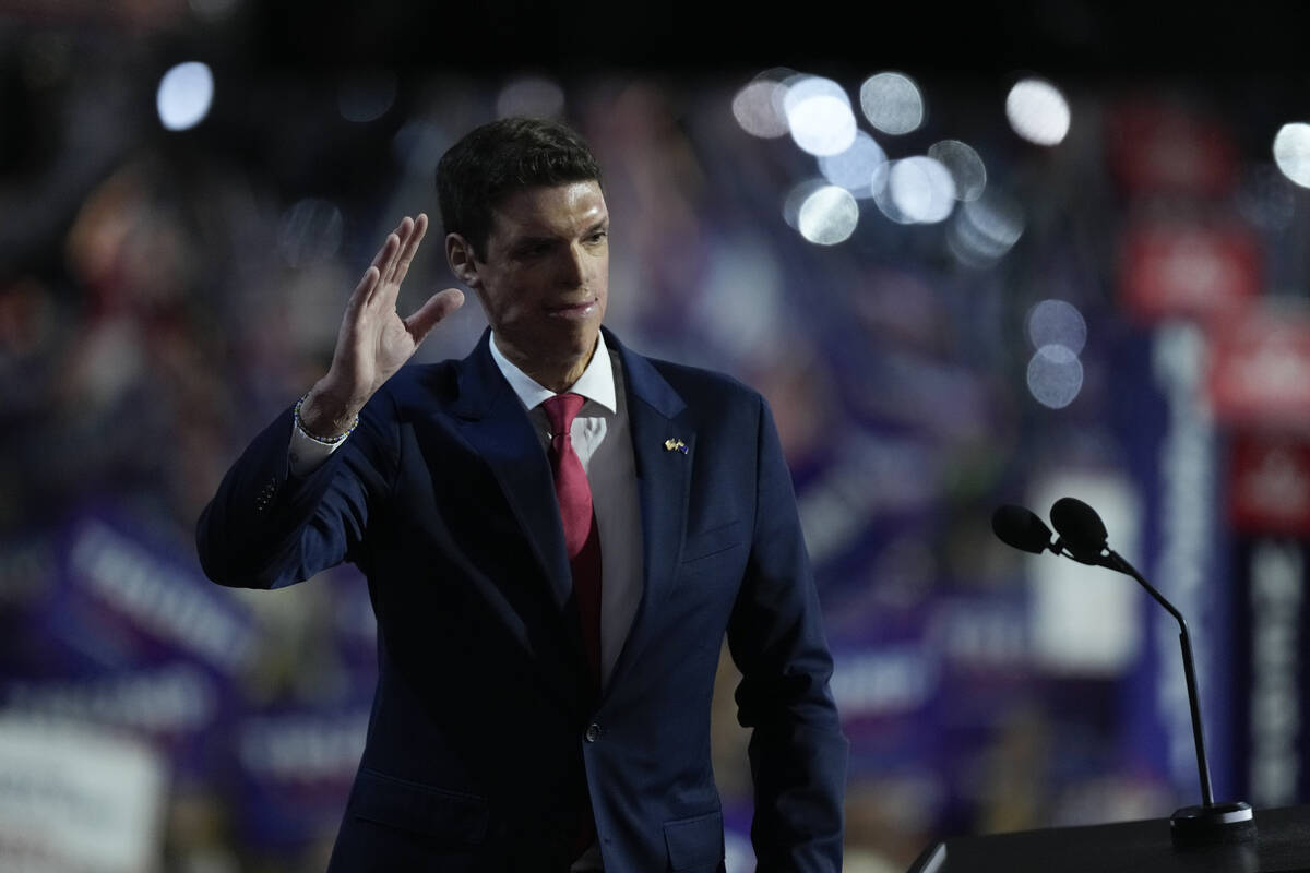 Sam Brown speaks during the Republican National Convention Tuesday, July 16, 2024, in Milwaukee ...