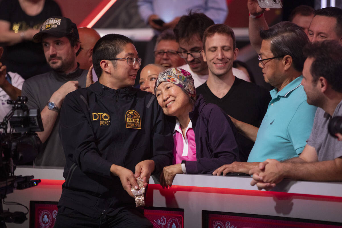 Jonathan Tamayo, left, is greeted by his family after winning the World Series of Poker Main Ev ...
