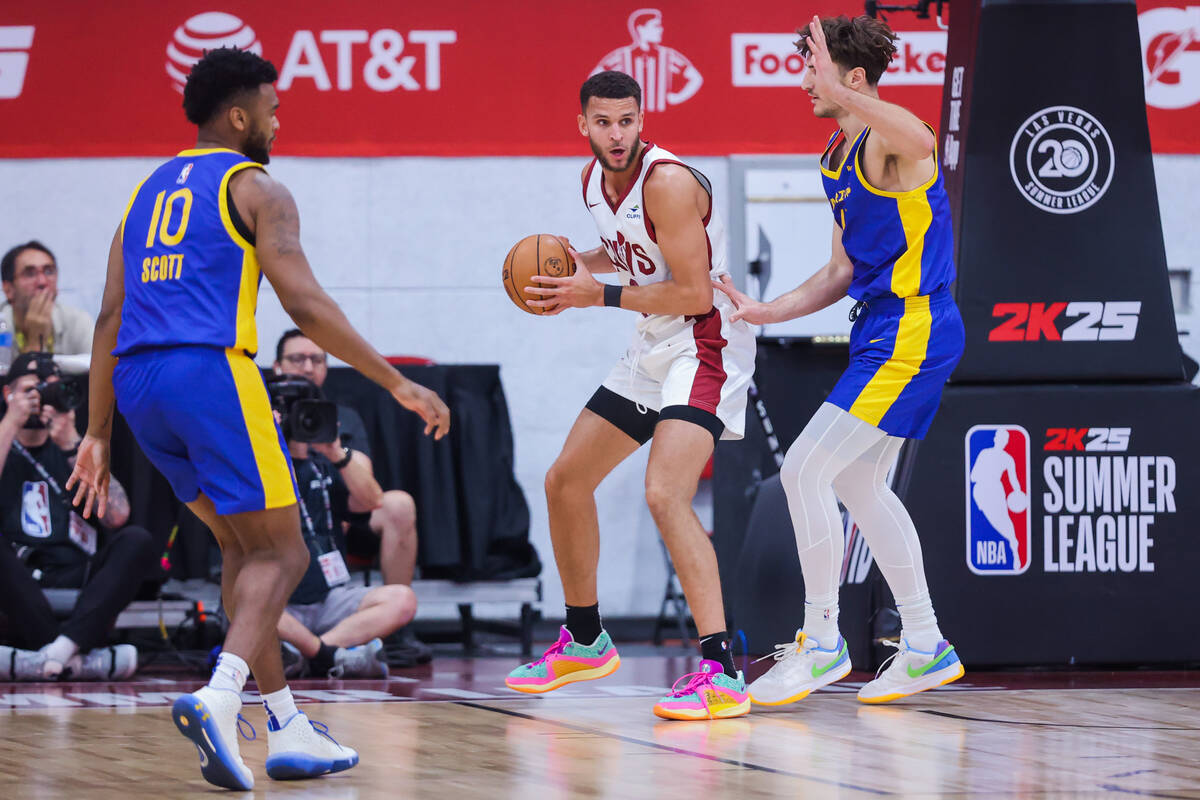 Cleveland Cavaliers center Pete Nance (8) keeps the ball in his possession during an NBA Summer ...
