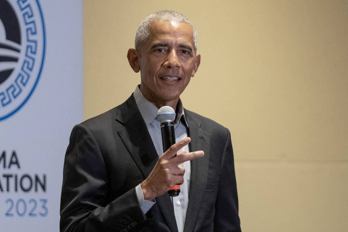 Former President Barack Obama speaks in Athens, Greece, June 21, 2023. (AP Photo/Petros Giannak ...