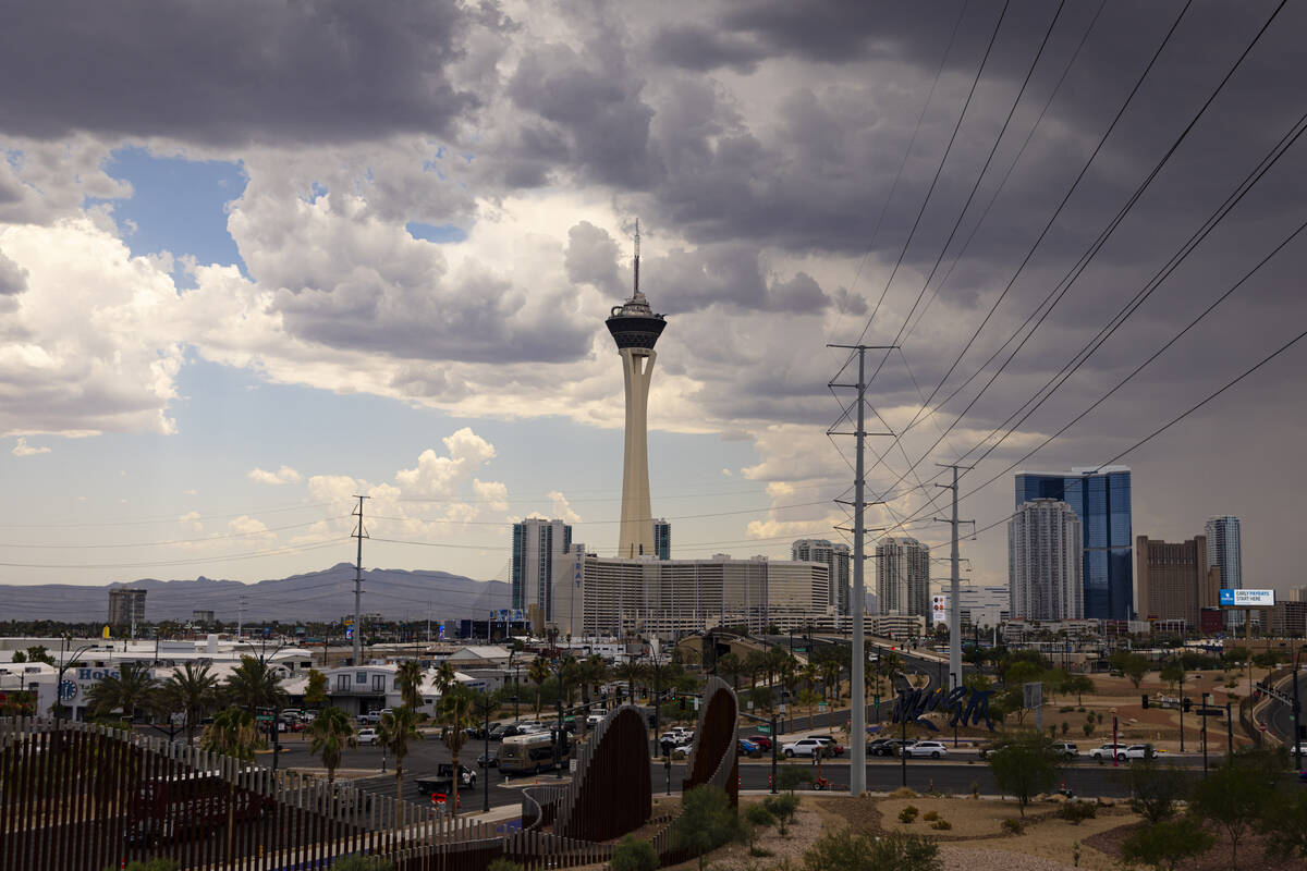 The Strat is pictured as clouds cover the sky on Thursday, July 18, 2024, in Las Vegas. (Chase ...