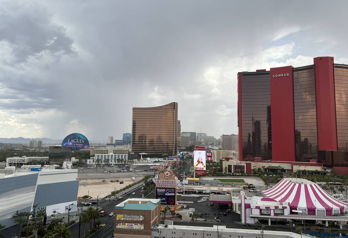 Clouds gather over the Las Vegas Strip on Thursday, July 18, 2024. The National Weather Service ...