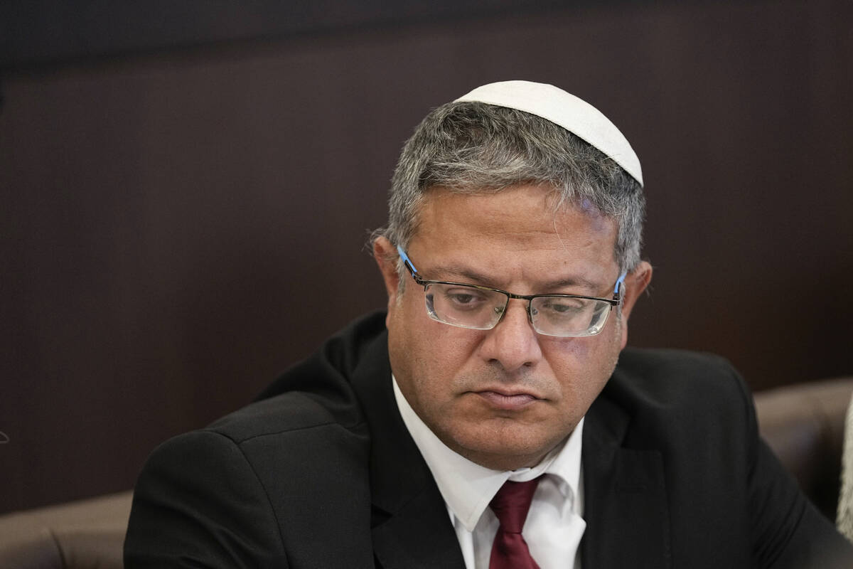 Israeli National Security Minister Itamar Ben-Gvir attends a weekly cabinet meeting in Jerusale ...