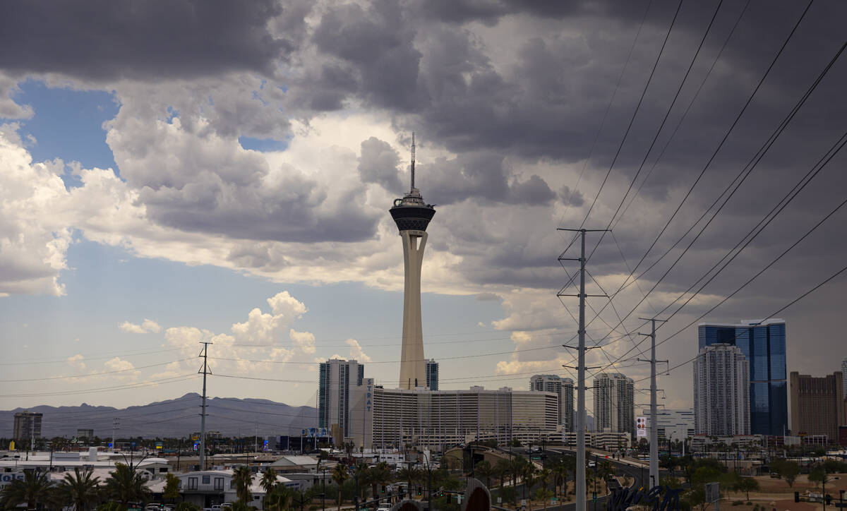 The Strat is pictured as clouds cover the sky on Thursday, July 18, 2024, in Las Vegas. (Chase ...