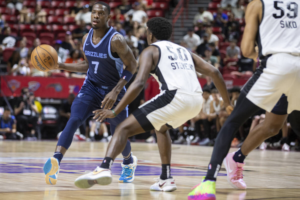 Memphis Grizzlies guard Isaiah Miller (7) attempts to make a play against Miami Heat guard Isai ...