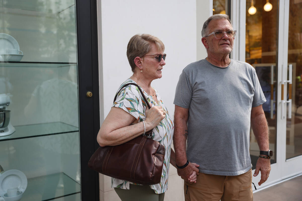 Deb Stegner speaks to the Review-Journal next to her husband Jim Stegner, of Henderson, at The ...
