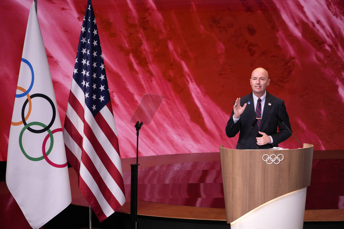Utah Gov. Spencer Cox speaks about Salt Lake City's bid to host the 2034 Winter Olympics, durin ...
