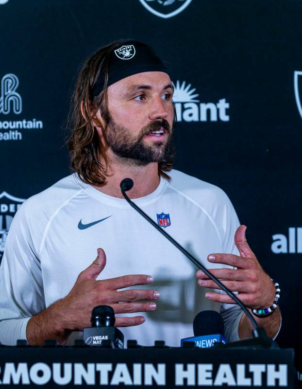 Raiders quarterback Gardner Minshew (15) responds to a question during a media interview on the ...