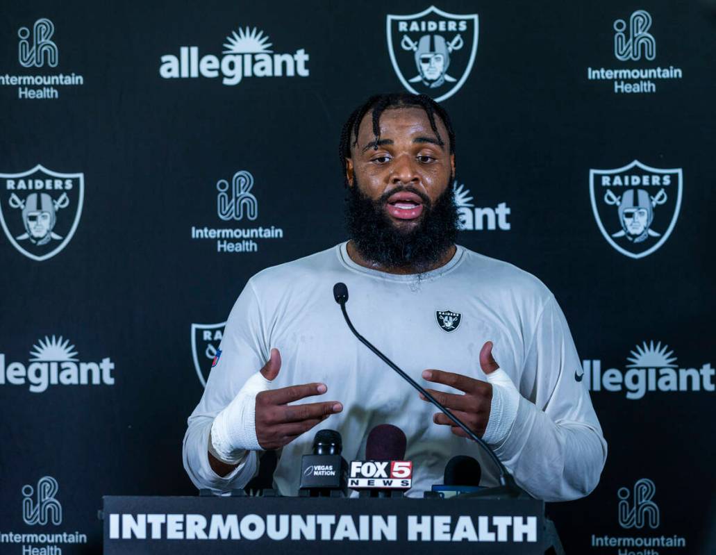 Raiders defensive tackle Christian Wilkins (94) answers a question during a media interview on ...