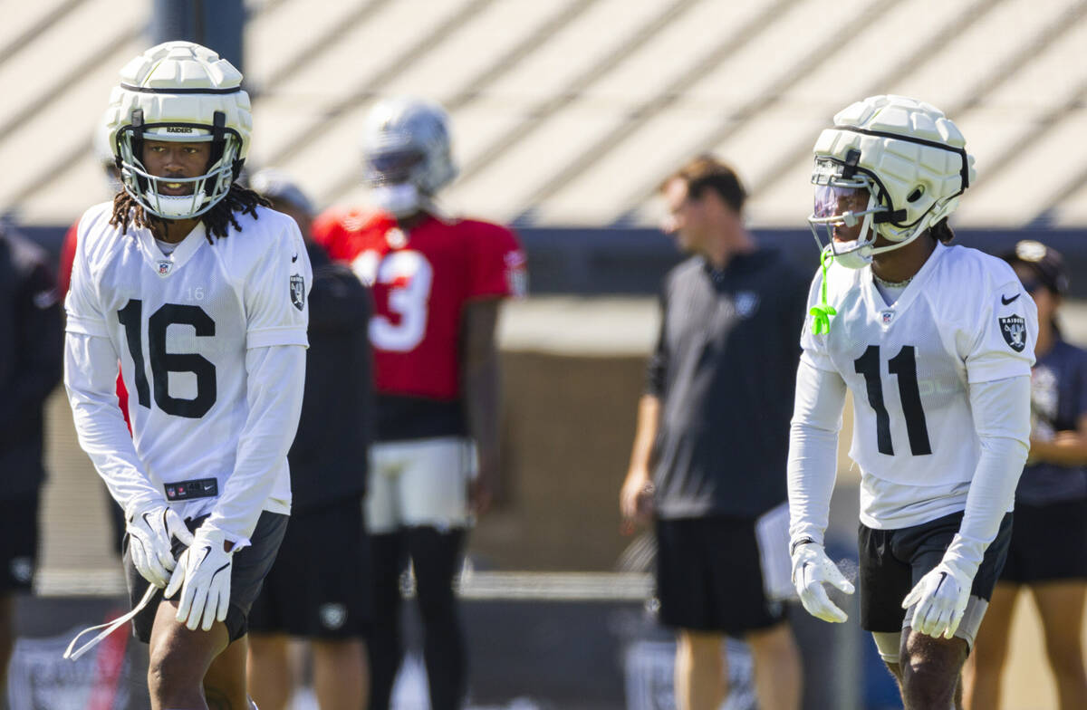 Raiders wide receiver Jakobi Meyers (16) and wide receiver Tre Tucker (11) line up for a play d ...