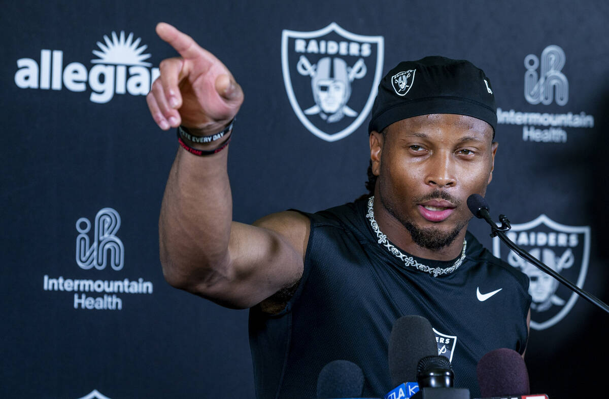 Raiders wide receiver Tre Tucker (11) answers a question at a media interview following the thi ...