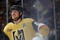Golden Knights center Jack Eichel (9) skates on the ice before the second period of an NHL hock ...