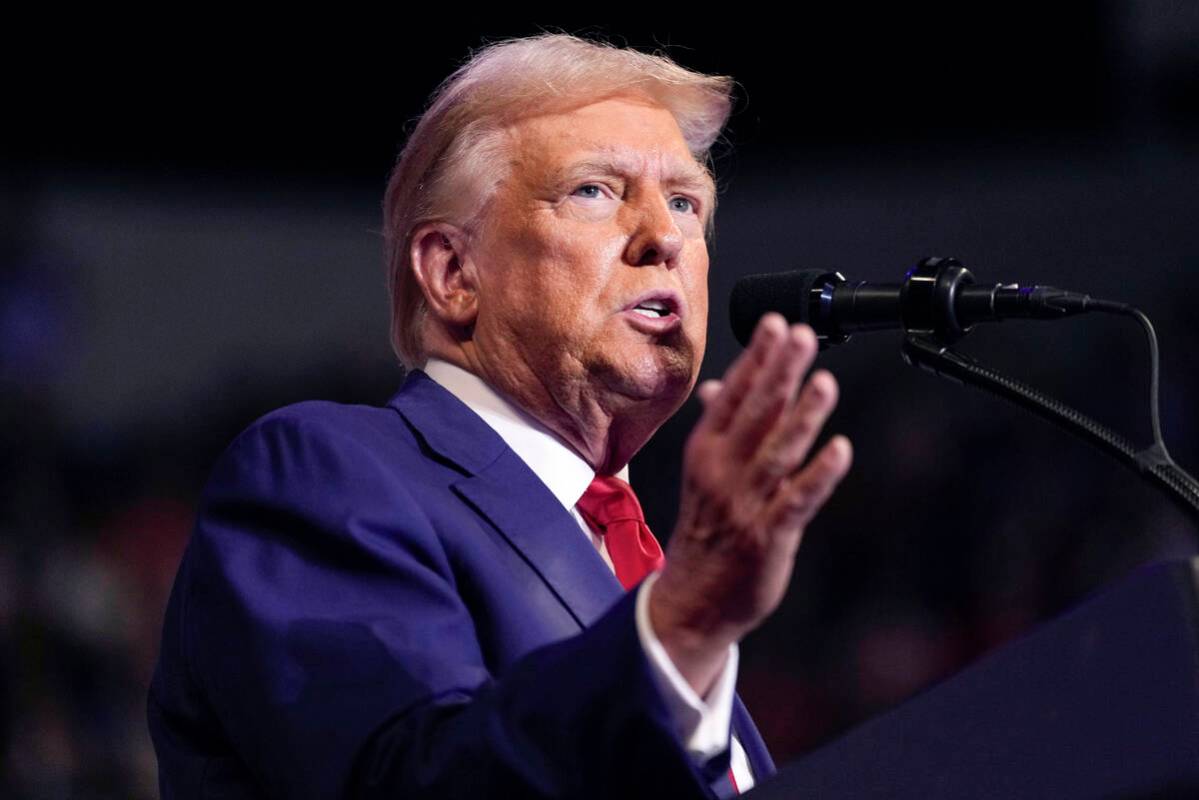 Republican presidential nominee former President Donald Trump speaks at a campaign rally at the ...