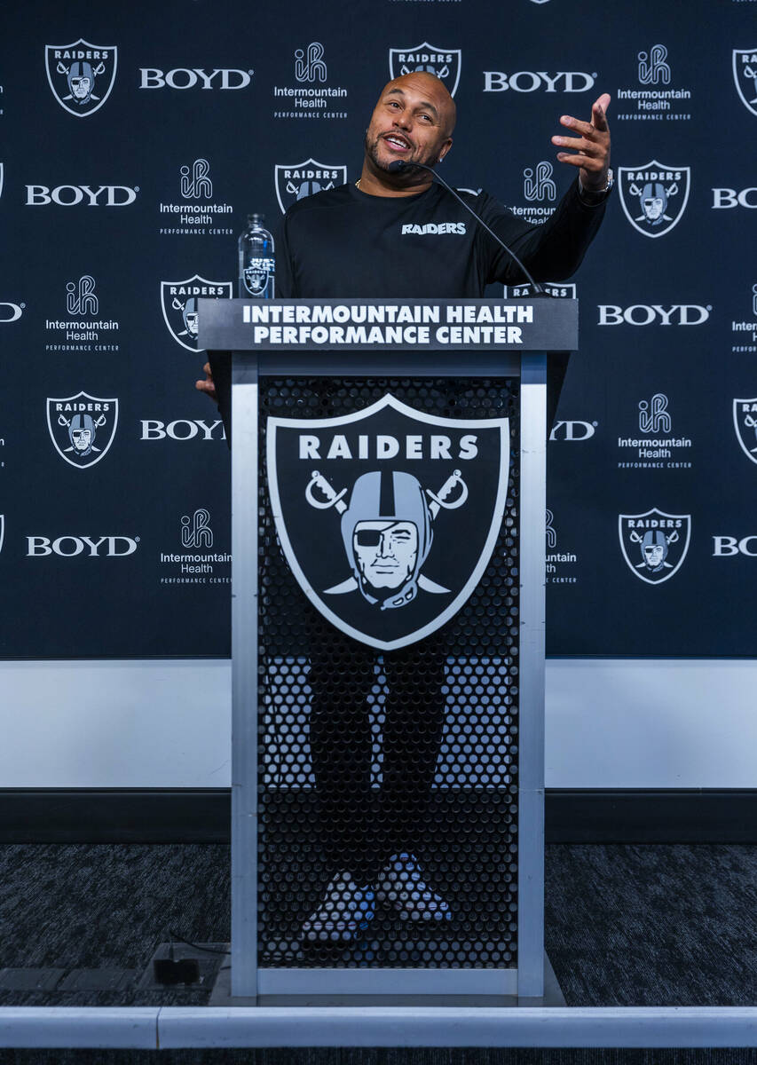 Raiders head coach Antonio Pierce speaks at the Intermountain Health Performance Center on Wedn ...