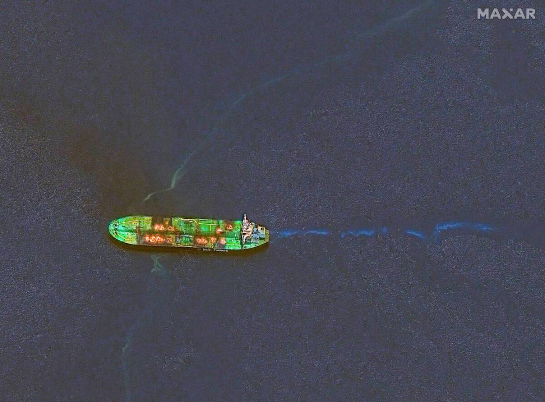 This image released by Maxar Technologies shows an overview of the Sounion oil tanker that was ...