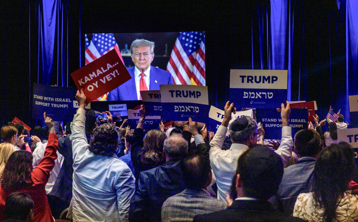 Former President Donald Trump speaks to attendees via satellite during the Republican Jewish Co ...