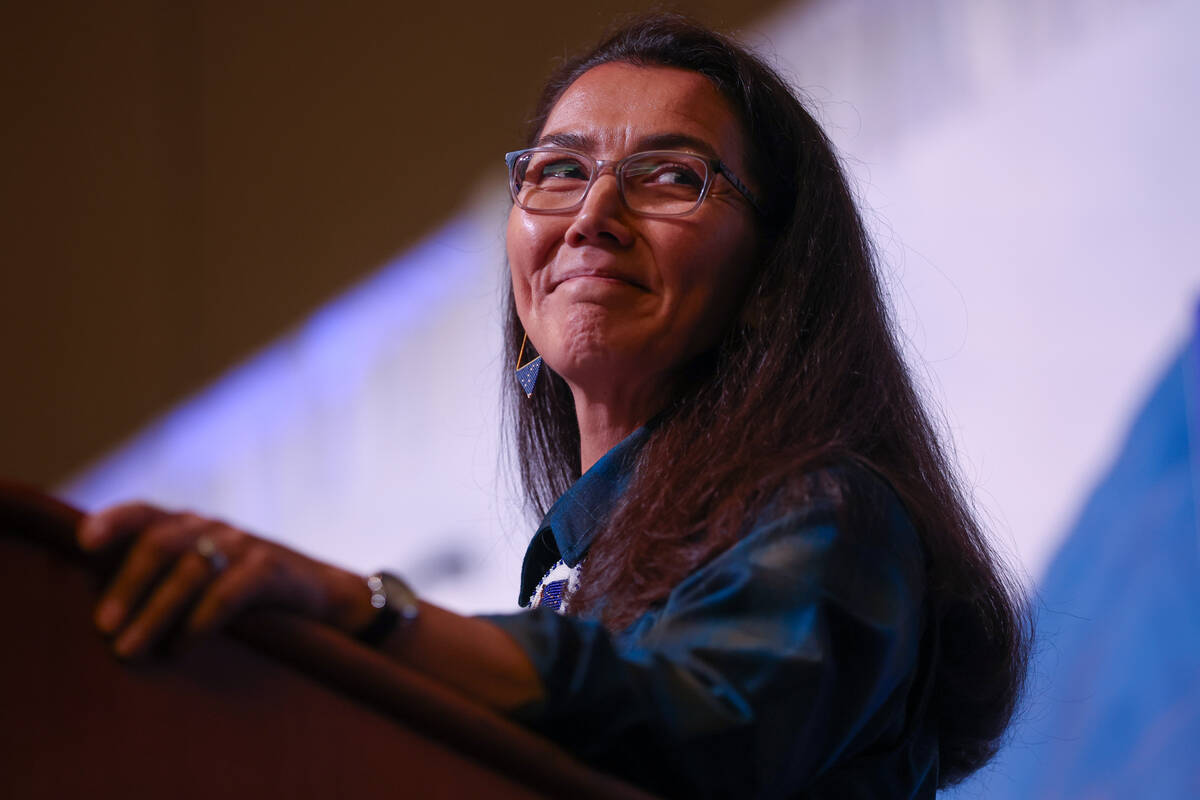 Rep. Mary Peltola, D-Alaska, speaks during a debate against her Republican opponent in the 2024 ...