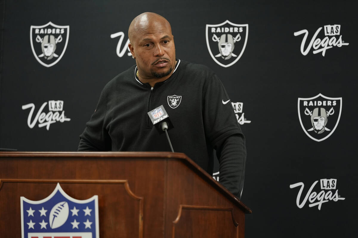 Las Vegas Raiders head coach Antonio Pierce speaks during a news conference after an NFL footba ...