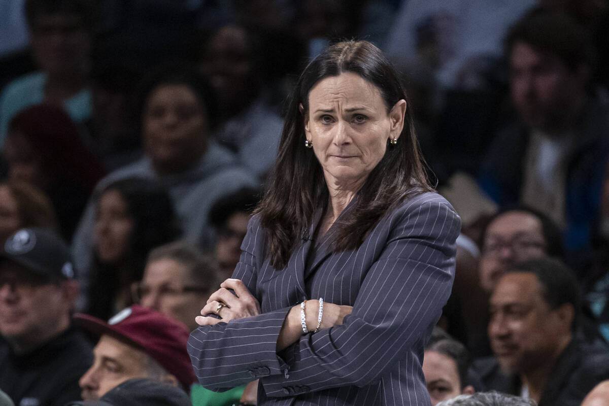 New York Liberty head coach Sandy Brondello looks on during the first half of a WNBA basketball ...