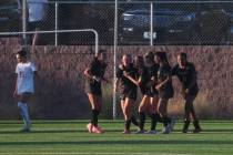 Faith Lutheran players celebrate a goal to tie the game with Coronado during a soccer game at F ...