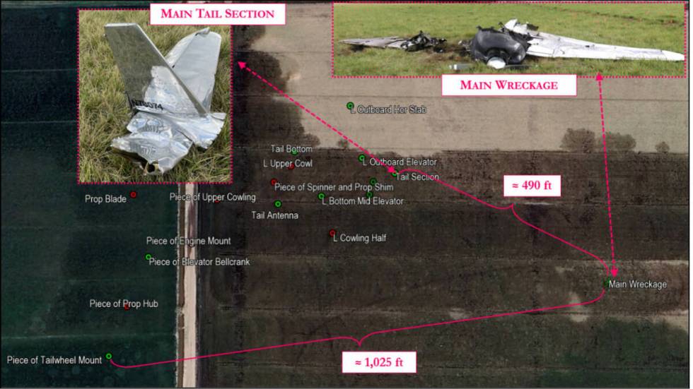 A map of the main debris field for the Globe Swift GC-1B that crashed near the Minden-Tahoe Air ...