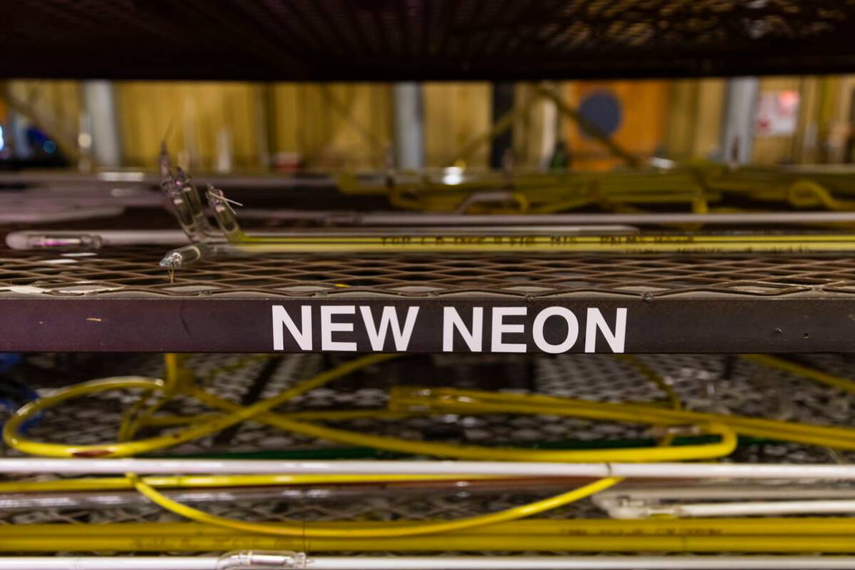 Neon tubes are seen in the glass room at YESCO on Wednesday, Sept. 4, 2024, in Las Vegas. The 2 ...
