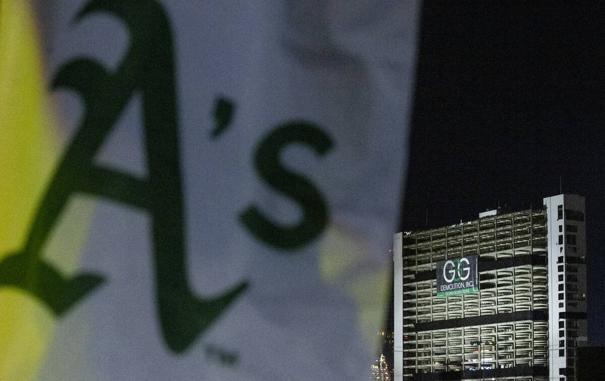 A flag with the Athletics logo flys before the Tropicana implosion, Tuesday, Oct. 8, 2024, in L ...