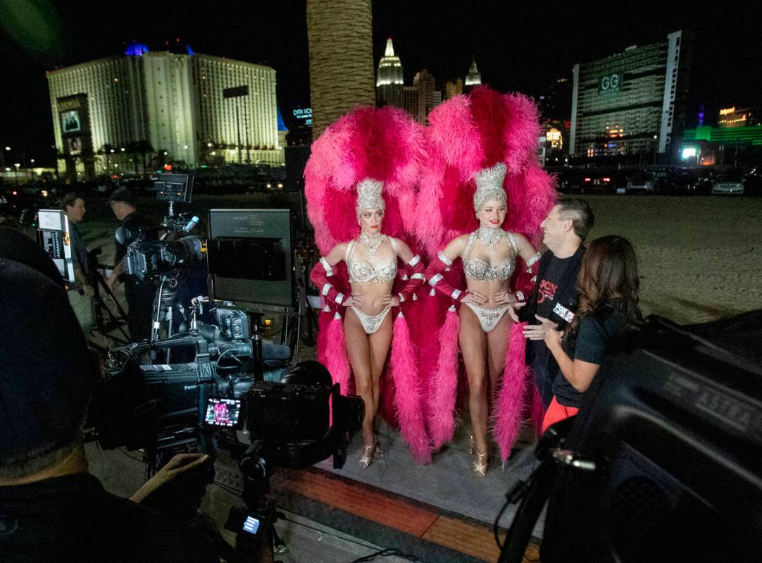 Showgirls are interviewed before the Tropicana implosion, Wednesday, Oct. 9, 2024, in Las Vegas ...
